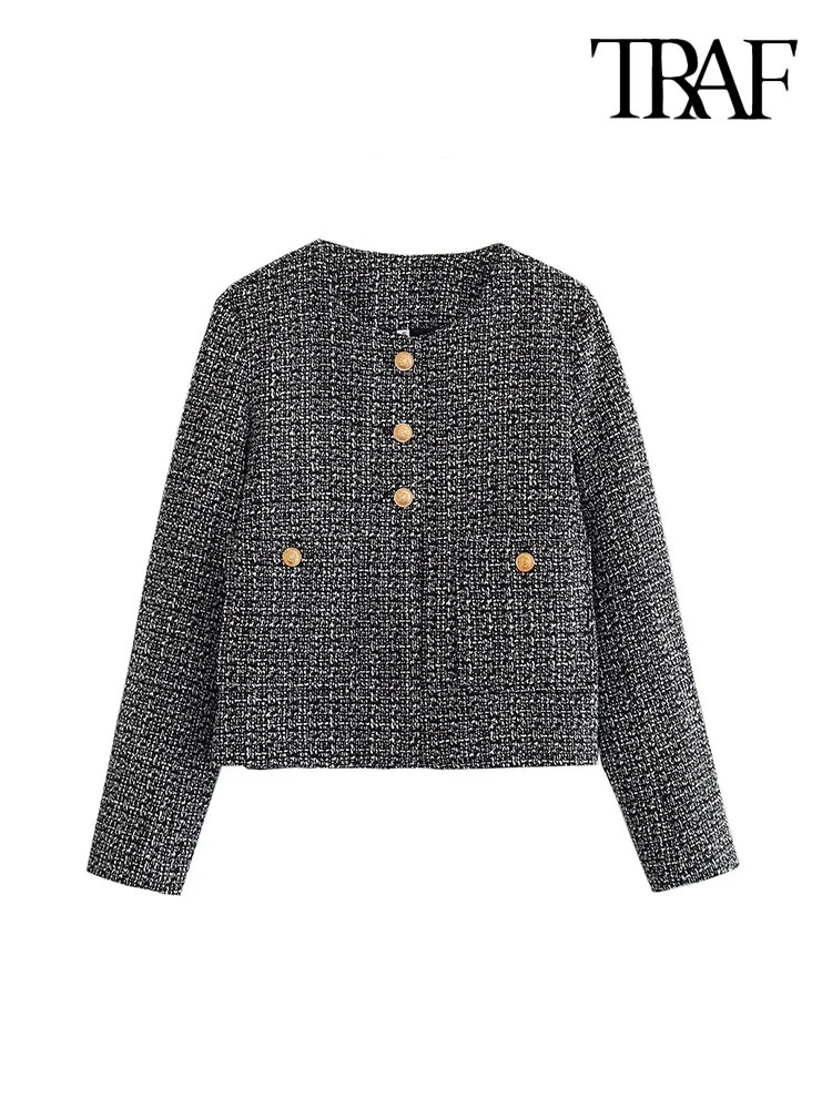 TRAF Women Fashion With Pockets Tweed Jack Coat Vintage Long Sleeve Front Button Female Outerwear Chic Tops 240112