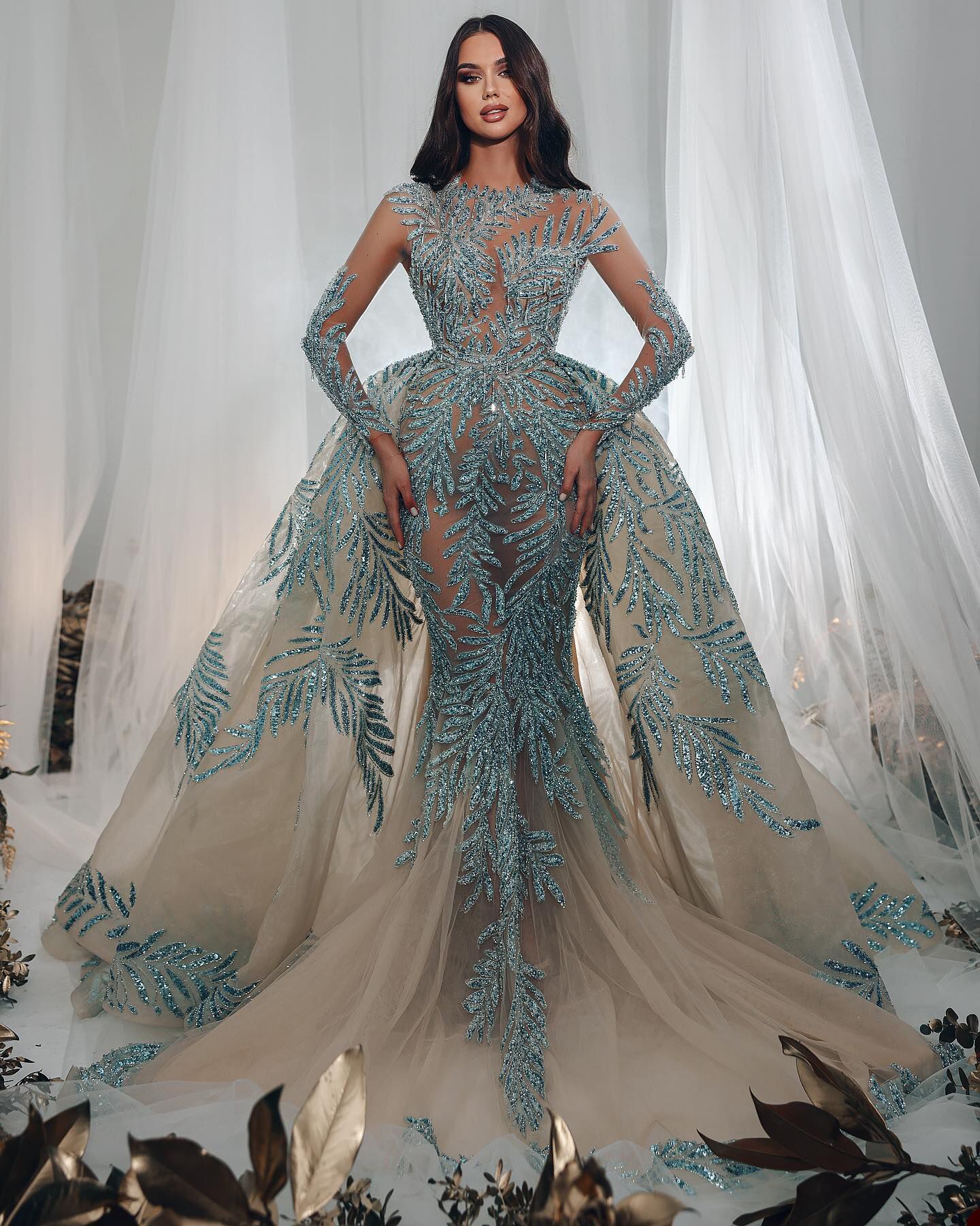 Fashion Mermaid Evening Dresses Sequins Jewel Neck Long Sleeves Prom Gowns With Detachable Train Dress Custom Made