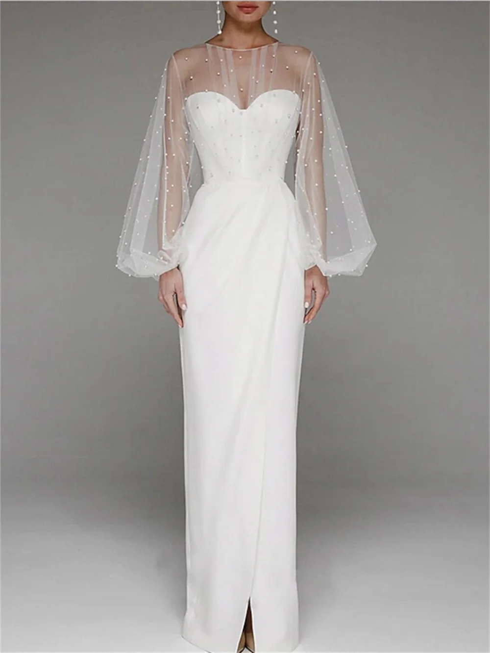 White Sheath Evening Dress Jewel Neck Floor Length Tulle Pearls Long Sleeve Romantic Women Prom Formal Party Gowns Robe De Soiree Vestidos De Feast