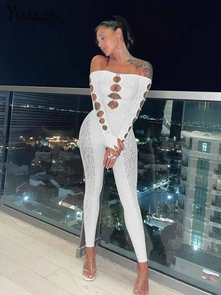 Yiallen Autumn Sexy Mesh Hollow out Y2K Solid Jumpsuit Women Fitness Skinny Long Sleeve Party Activewear Stretchy Outfit 240112