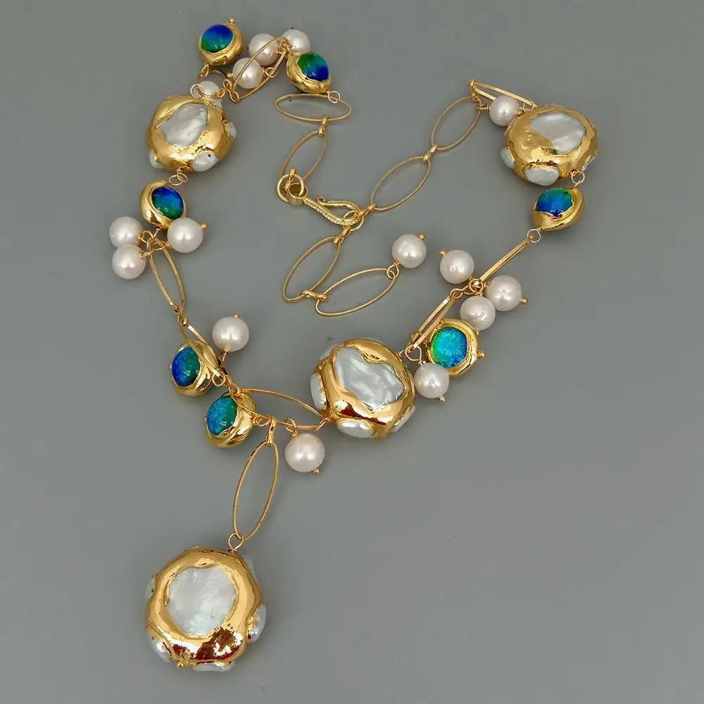 YYGEM Blue Murano Glass Freshwater Cultured White Keshi Pearl Gold Filled Chain Necklace 21 240111