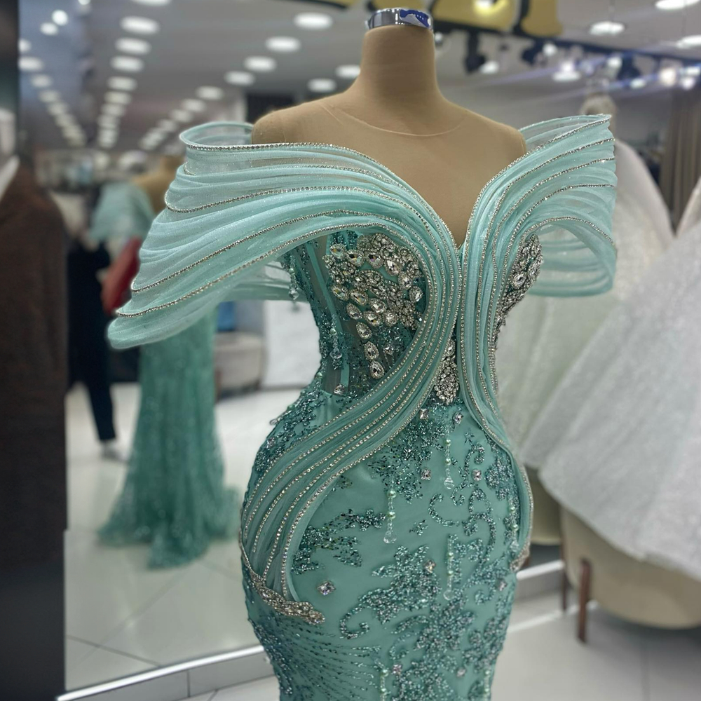 Mint Aso Ebi Prom Dresses For Black Women Lace Sheer Neck Mermaid Beaded Formal Evening Birthday Party Dress Second Reception Gowns Vestido De Sorrie 