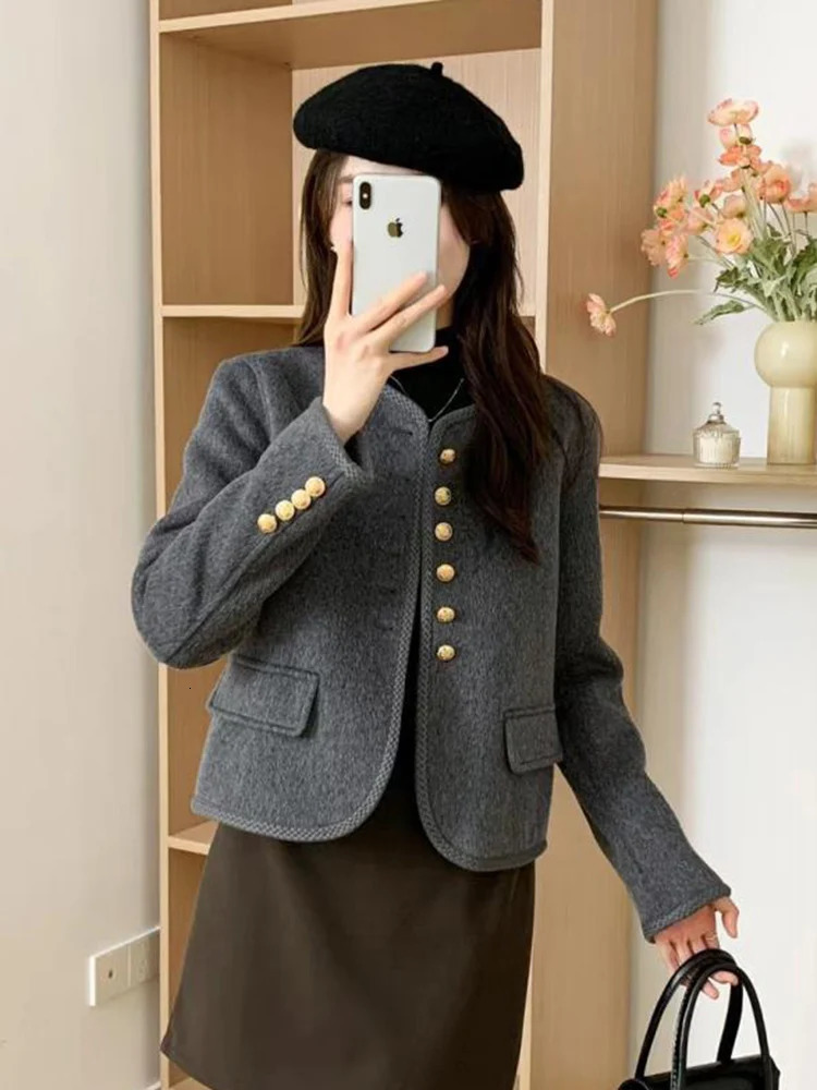 Jmprs Elegant Thick Korean Tweed Jacket Women Casual Long Sleeve Retro Coat Winter Warm Office Lady Single Breasted Vintage Tops 240112