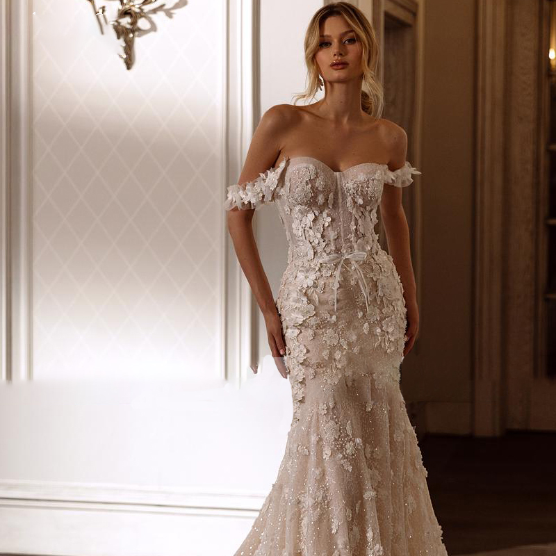 Elegant Mermaid Wedding Dress Off Shoulder Sweetheart Bridal Gown For Women Appliques Sweep Train Slim Fit Dresses Custom Made