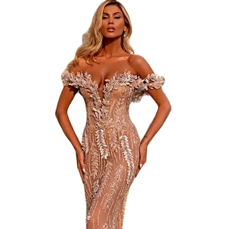 Elegant Applique Mermaid Prom Dress Off The Shoulder Lace Satin Floor Length Formal Evening Gowns Robe De Soiree