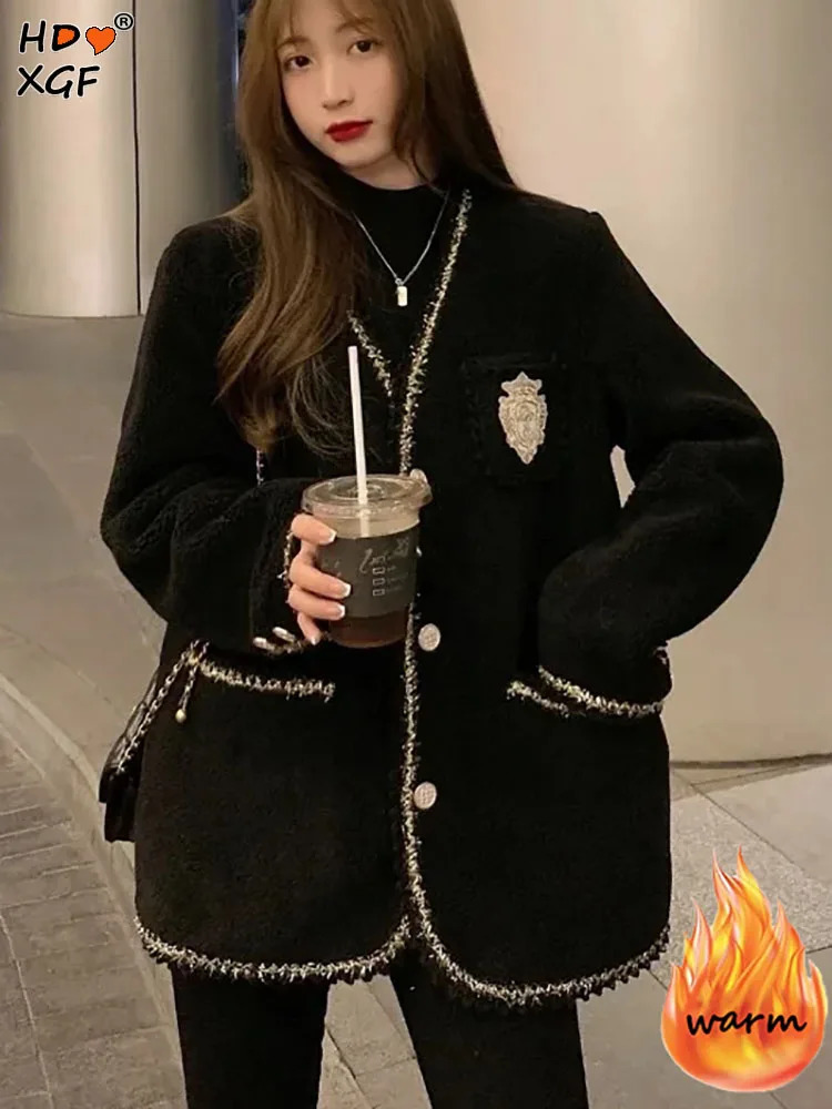 Temperament Vneck Single Breasted Big Pocket Tweed Coats For Women Winter Plus Velvet Size 5xl Jacket Elegant Casual Tops 240112