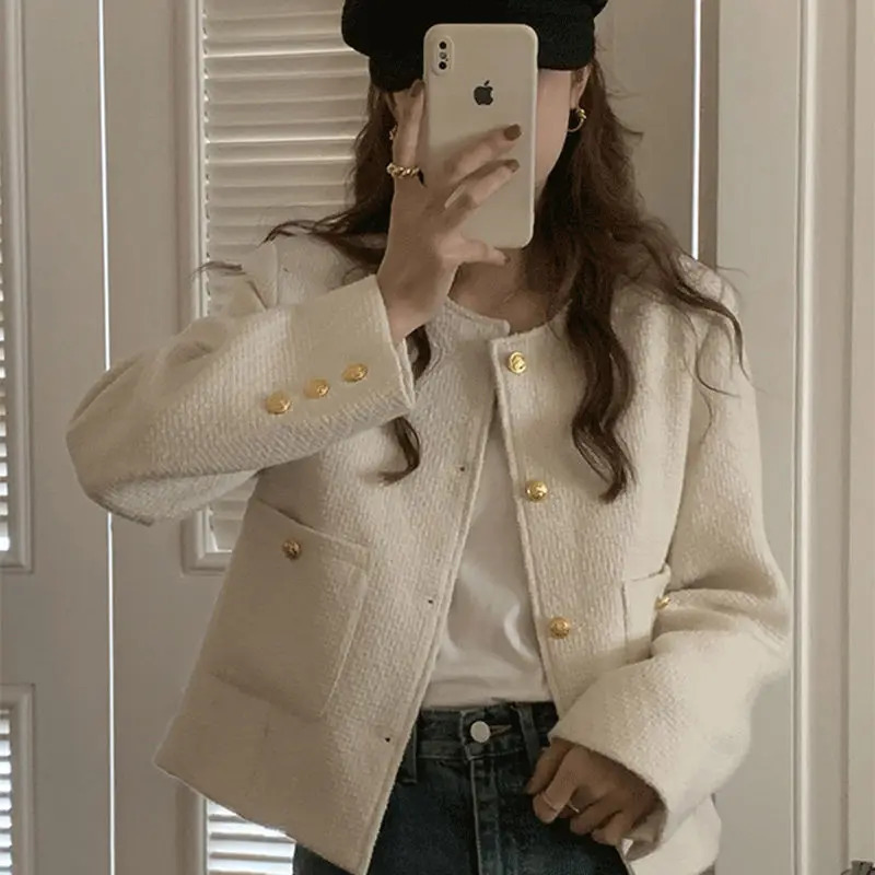 Deeptown Crop Tweed Jacket Women Korean Style Clothes Old Money Fashion Chic and Elegant Short Jackets Vintage Autumn Winter Top 240112