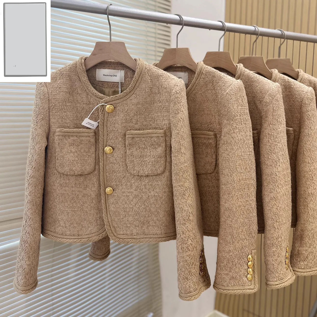 Elegant Women Tweed Jacket Autumn Long Sleeve Button Frayed Cropped Female Fashion Oneck Pocket Short Coats 240112