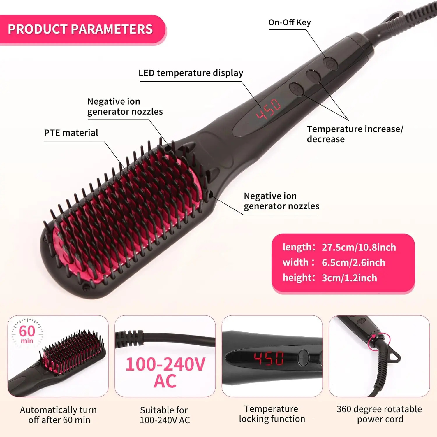 Negative ion Hair Straightener Brush Anti-Scald Portable Hair Styling Tools appliances Comb for Natural Thick Hair Women 240111