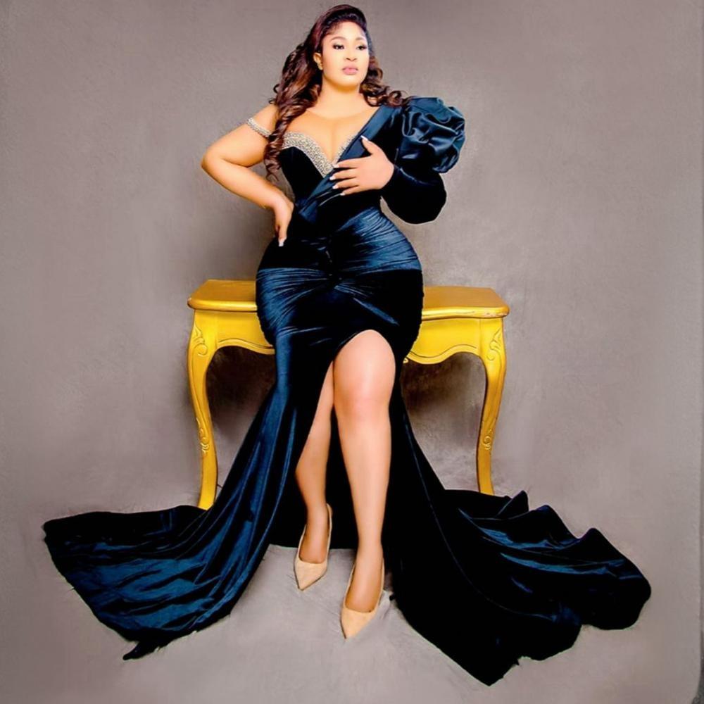 Plus Size Prom For Black Women Sheer Neck Sexy High Split Sweep Train Beaded Formal Evening Dresses Birthday Party Dress Engagement Gowns Am375 407