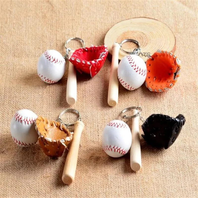 Mini Three-Piece Party Baseball Glove Wooden Bat Keychain Sports Car Chain Key Ring Gift For Man Women 0112