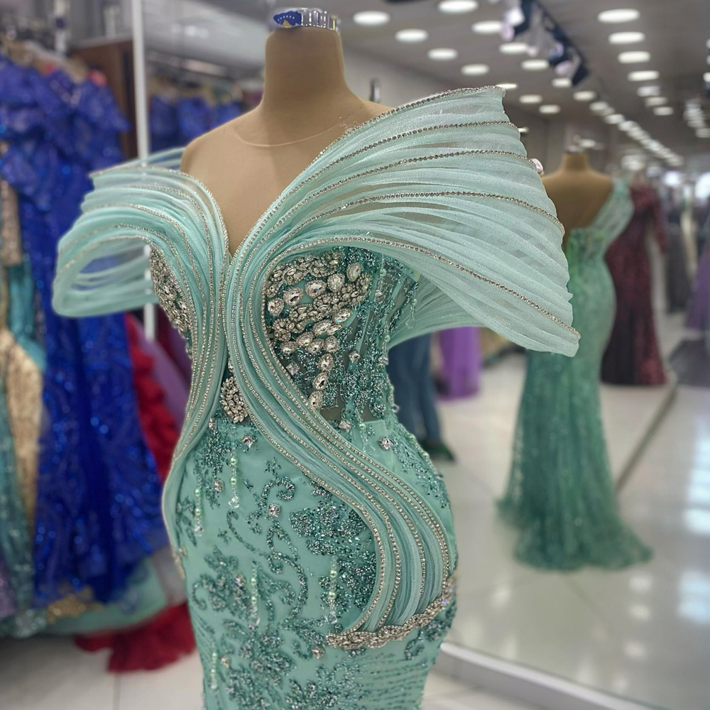 Mint Aso Ebi Prom Dresses For Black Women Lace Sheer Neck Mermaid Beaded Formal Evening Birthday Party Dress Second Reception Gowns Vestido De Sorrie 