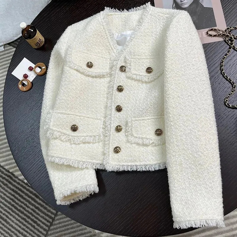 Lucyever French Style Tweed Jacket Coats Women Elegant VNeck Single Breasted Outerwear Woman Korean Fashion Black White Jackets 240112