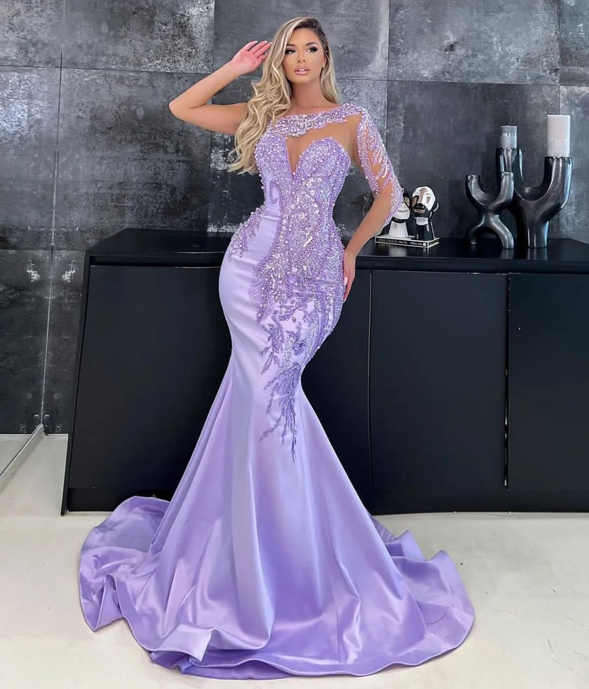 Exquisite One Shoulder Mermaid Evening Dresses Pearls Sequined Prom Dress Long Sleeves Plus Size Custom Made Special Occasion Dresses