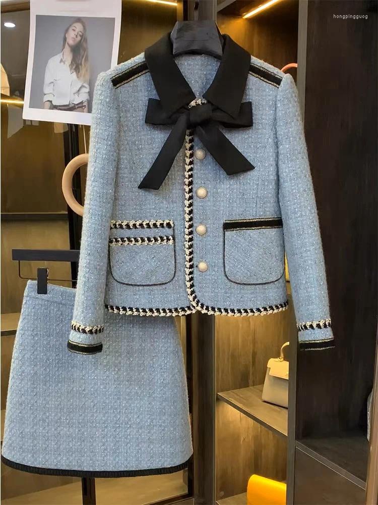 Work Dresses Autumn Winter Tweed Skirt 2Pcs Suit Color Block Bow Lapel Coat