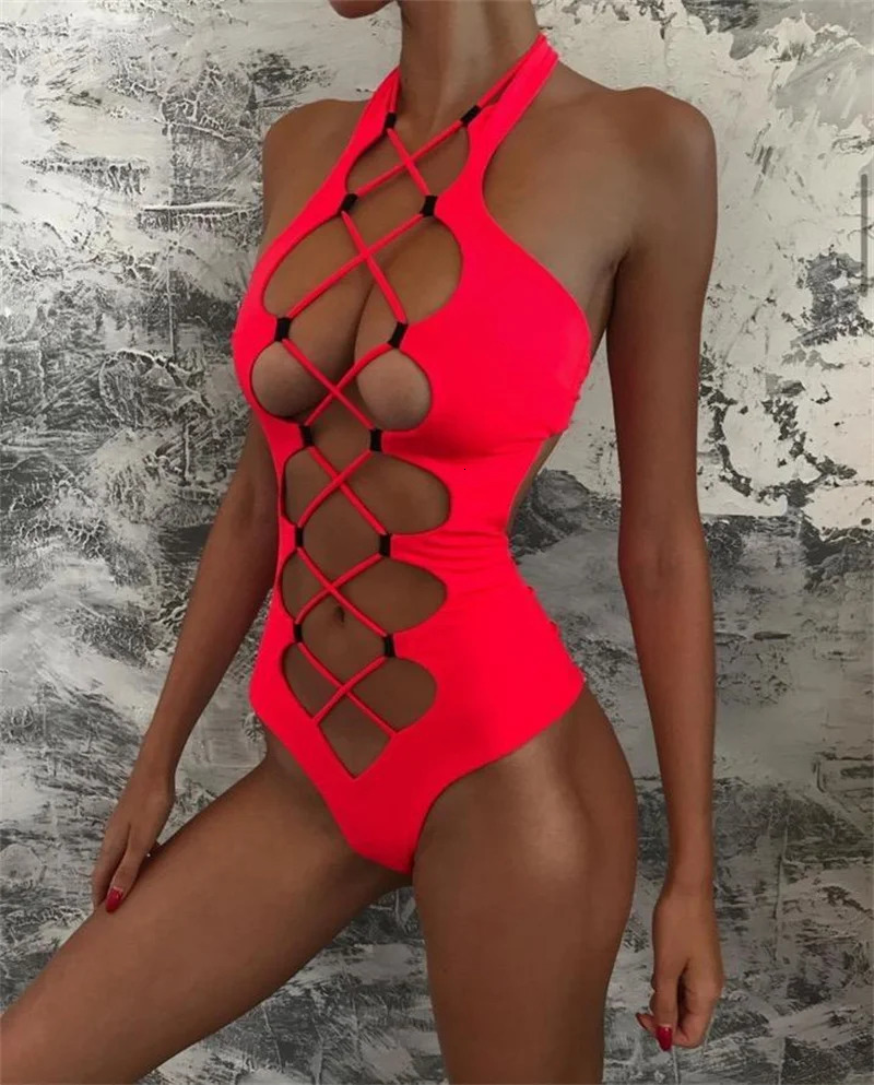 Hollow Swimwear Women High Neck Solid Black Cut Out Backless Monokini Bandage Bathing Suit Holiday Swimsuit 240111