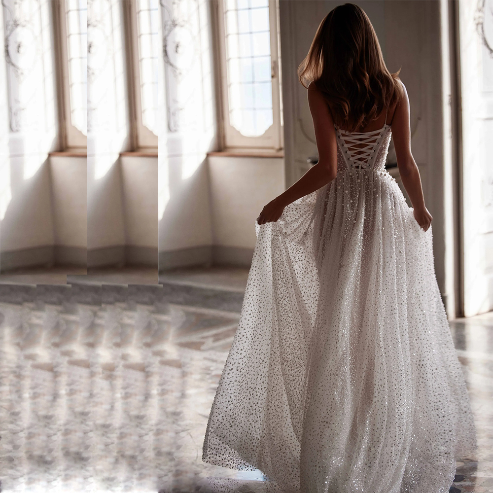 Sparkly Pearl Spaghetti Strap Wedding Dress Bridal Gown Sexy Illusion A Line Wedding Gowns Sweep Train