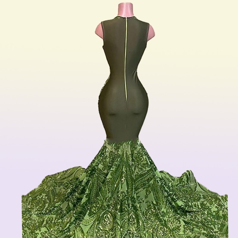 Sparkly Sequins Olive Green Mermaid African Prom Dresses Black Girls Jewel Neck Illusion Long Graduation Dress Plus Size Formal Se