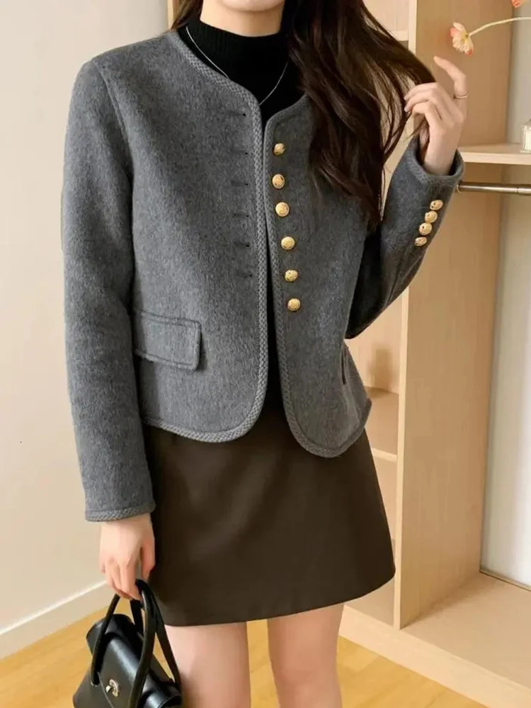 Jmprs Elegant Thick Korean Tweed Jacket Women Casual Long Sleeve Retro Coat Winter Warm Office Lady Single Breasted Vintage Tops 240112