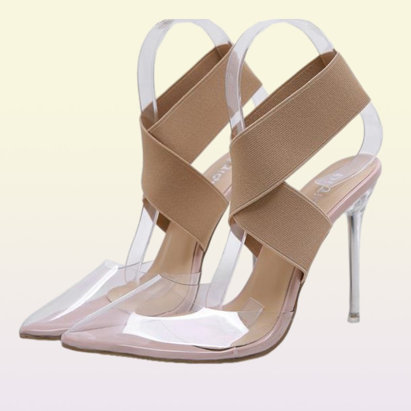 Plus size 35 to 40 41 42 elastic band cross strap nude transparent PVC clear high heels luxury women designer shoes Come