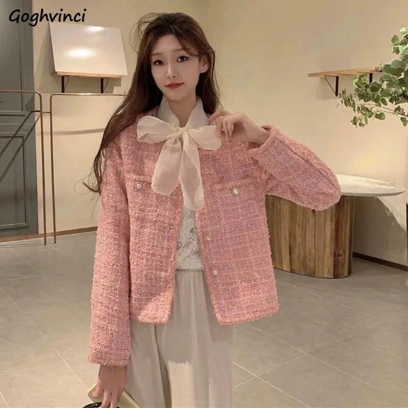 Pink Tweed Coat for Women Temperament Gentle Single Breasted Short Jackets Fashion Autumn Warm Outerwear 240112
