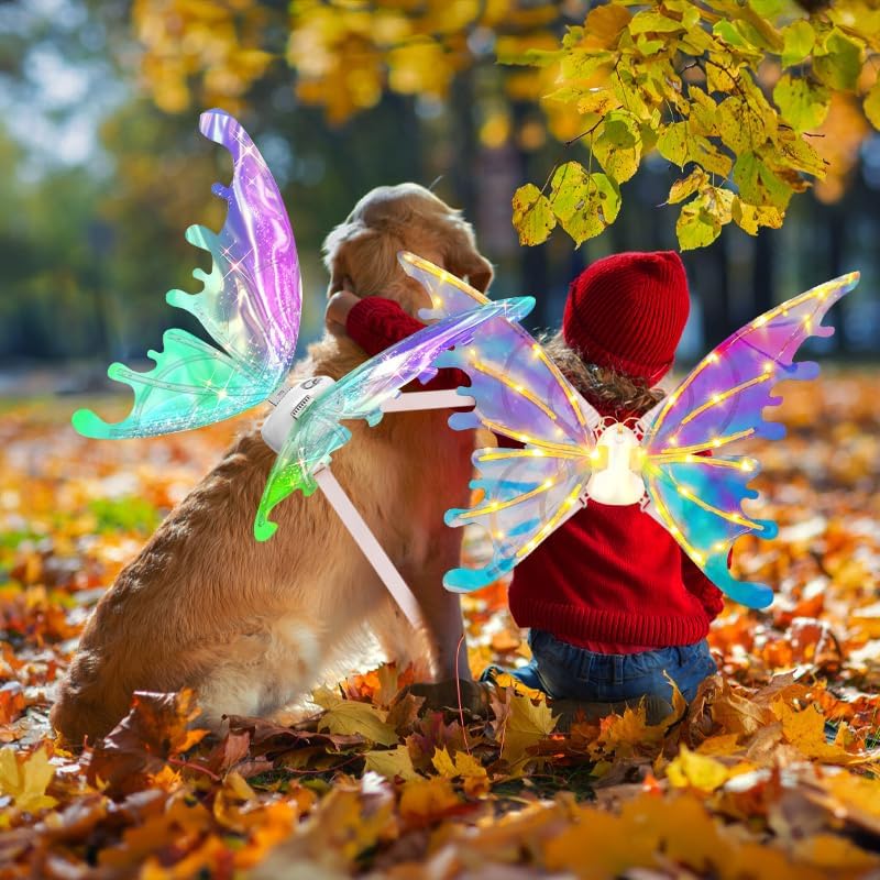 Electric Fairy Wings with LED Lights,Pets Glowing Elf Angel Wings with Magic Wand Princess Crown for Kids Pets Costumes