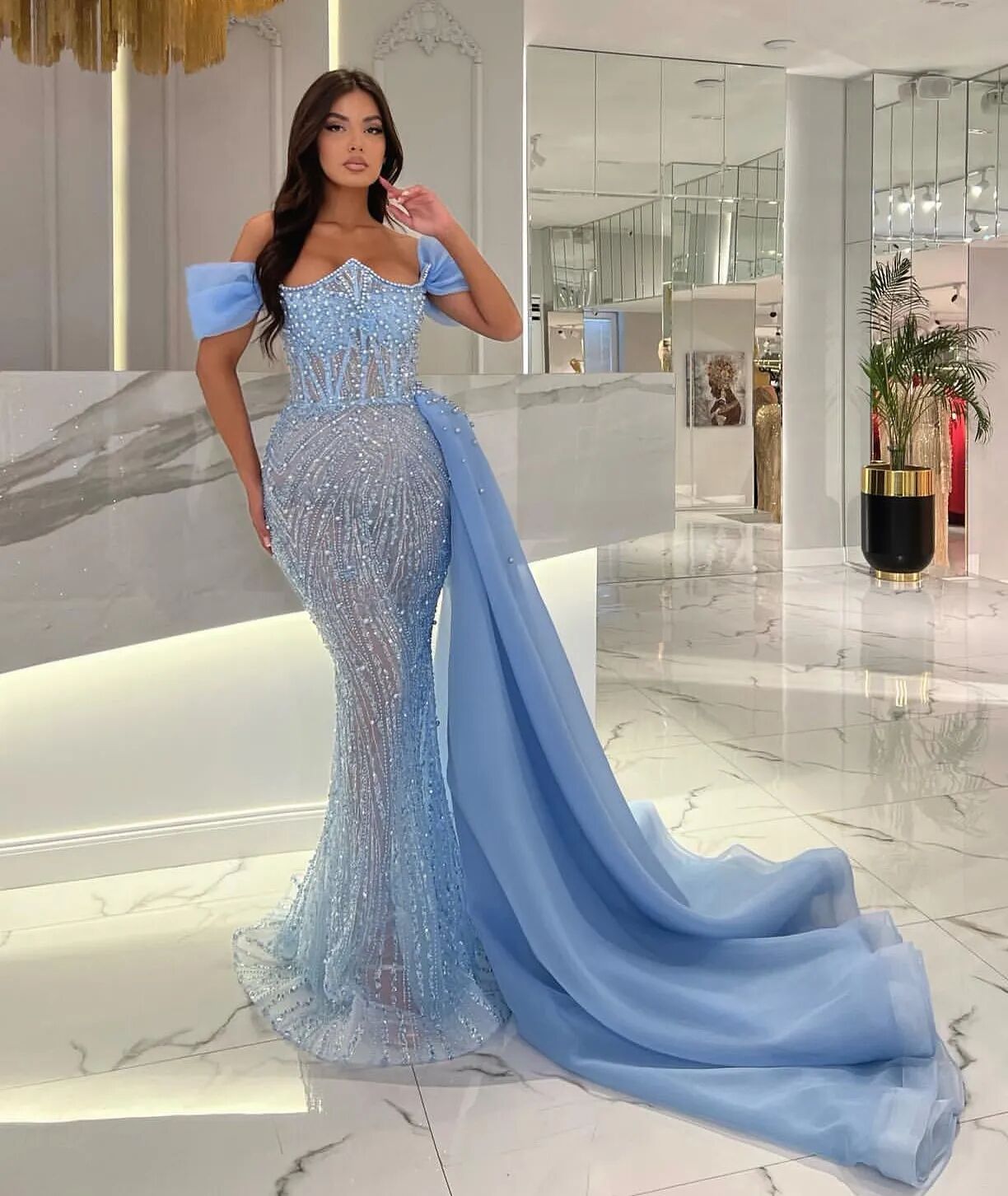 Luxury Pearls Mermaid Evening Dresses Off Shoulder Prom Detachable Train Sequined Beaded Formal Party Dress for Special Occasion