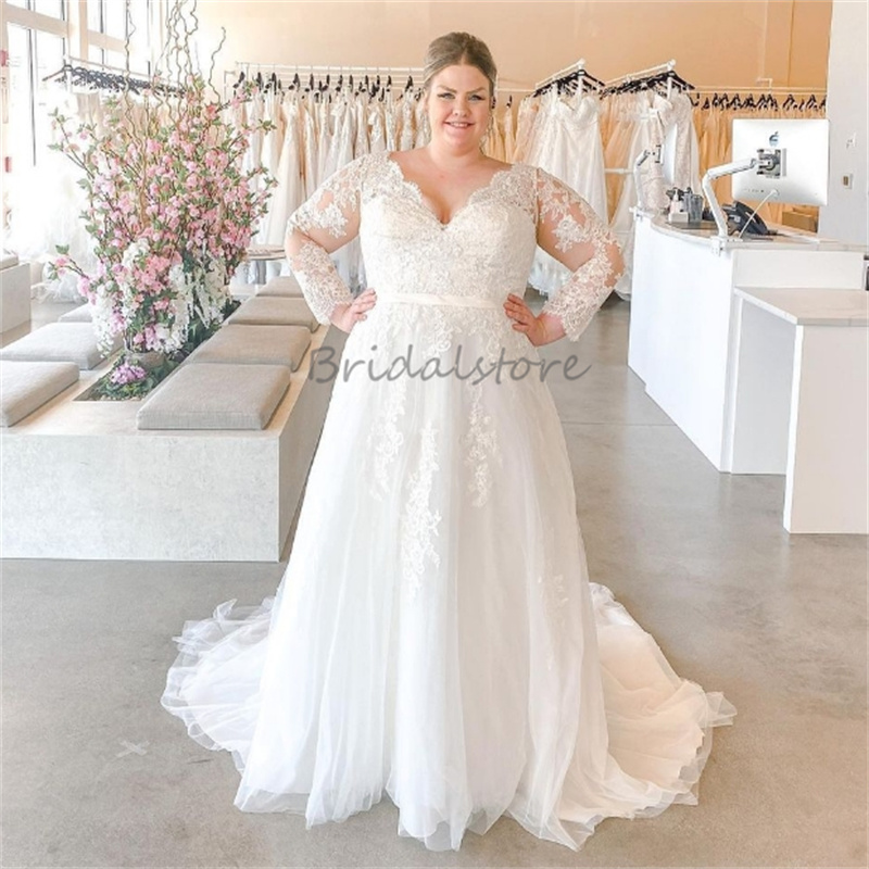 Plus Size Elegant Wedding Dress Sexy V Neck Bohemian Long Sleeve Lace Bridal Dresses 2024 Backless Tulle Country Church Vestios De Novia Women Boho Ro
