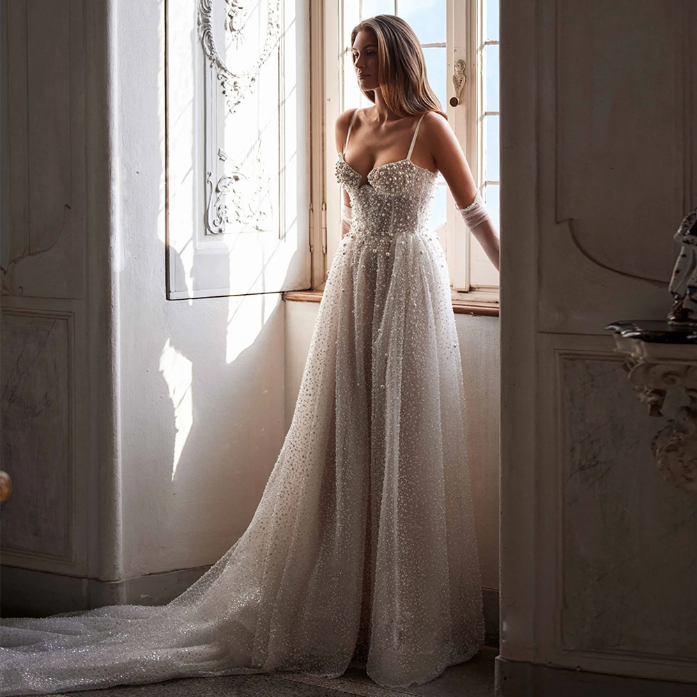 Sparkly Pearl Spaghetti Strap Wedding Dress Bridal Gown Sexy Illusion A Line Wedding Gowns Sweep Train