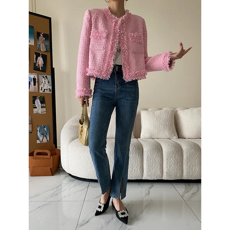 Pink Fringe Fur Shoulder Pad Tweed Jacket Blazer Boucle Crop Coat for Women Spring 240112