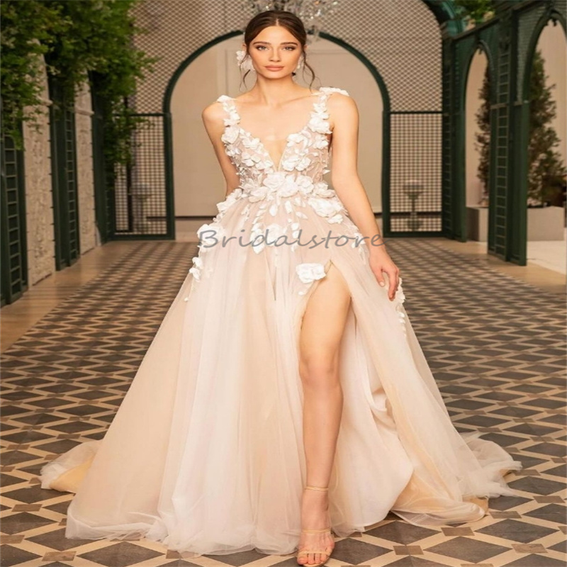 Elegant Champagne Bohemian Wedding Dress With 3D Floral Flowers Sexy V Neck A Line Fairy Tale Boho Wedding Dresses 2024 Backless Tulle Country Robe De