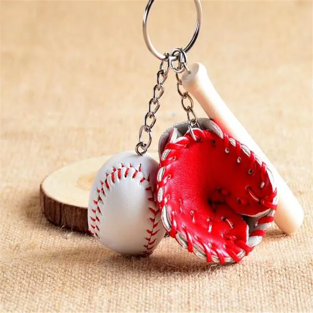Mini Three-Piece Party Baseball Glove Wooden Bat Keychain Sports Car Chain Key Ring Gift For Man Women 0112