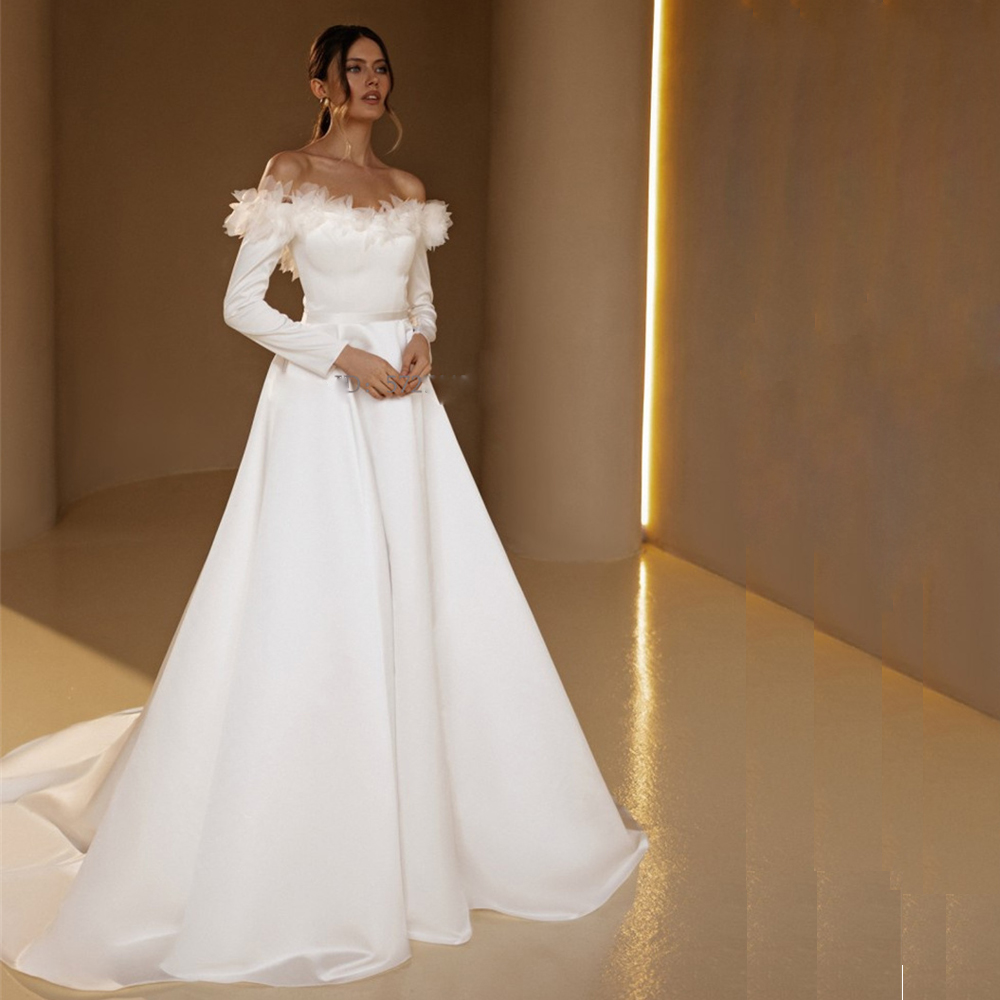 Charming Strapless A-Line Wedding Dresses Off the Shoulder Long Sleeves Bridal Gowns Custom Made Vestidos De Noiva