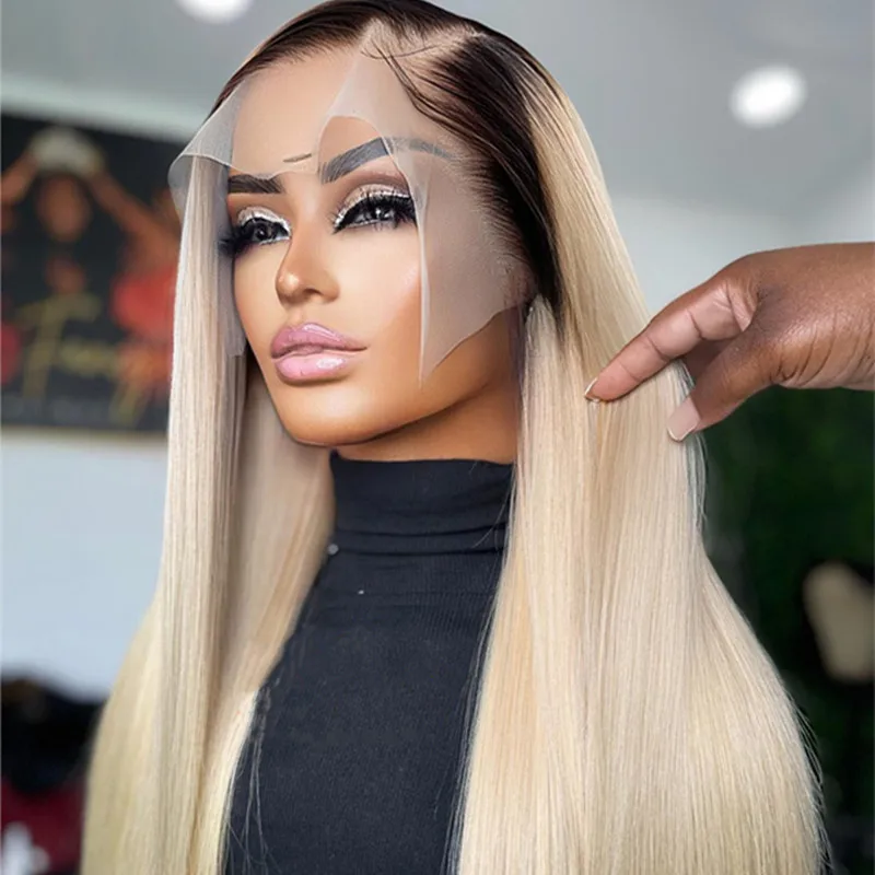 180density Highlights Blonde Human Hair 360 Lace Frontal Wig Brown Roots 13x4 Straight Transparent Lace Front Wig for Women