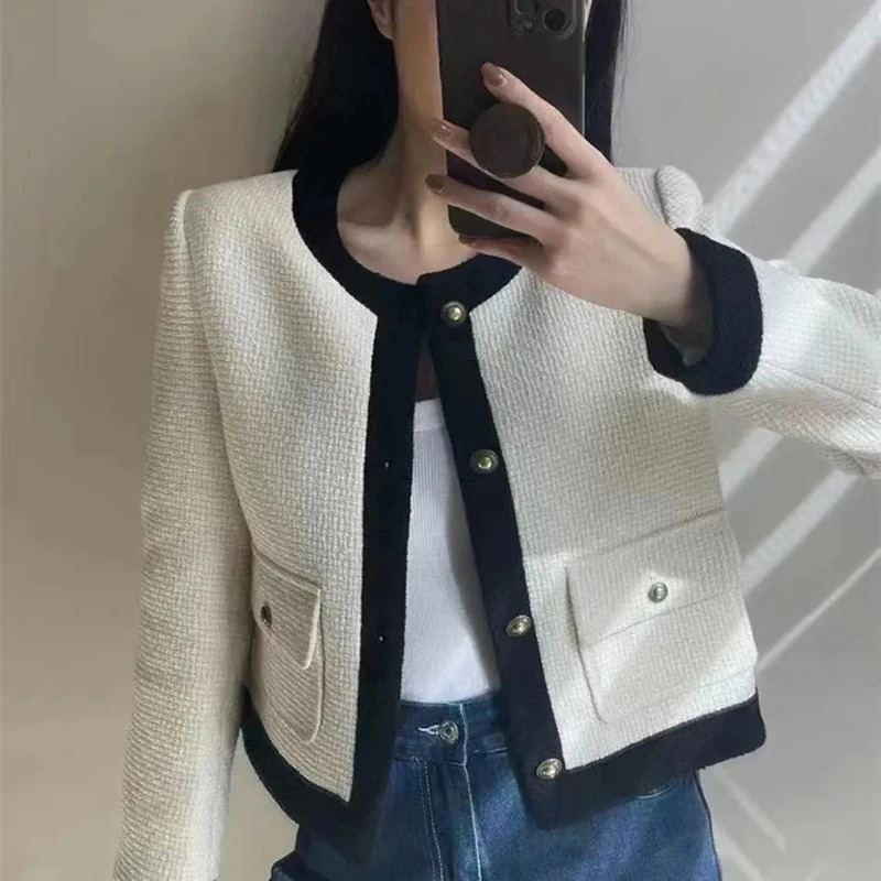Vintage Elegant Tweed Cropped Jackets Women Korean Patchwork Short Coat Spring Autumn Streetwear All Match Casual Outerwear Tops 240112