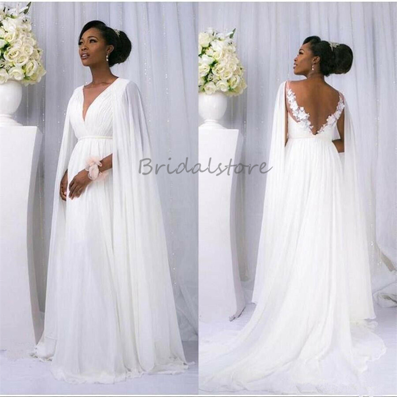 Flowy Chiffon Beach Maternity Wedding Dress With Cape Sleeves Elegant South African Nigeria Country Bohemian Wedding Gowns Sexy Backless Lace Pregnant