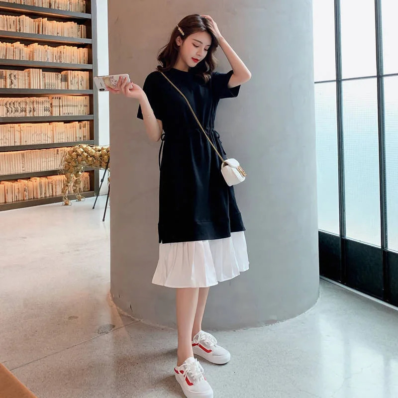 Maternity Dresses Summer Clothes for Pregnant Women Fashion Contrast Loose Fitting Midlength Womens Casual Pregnancy Clothing 240111