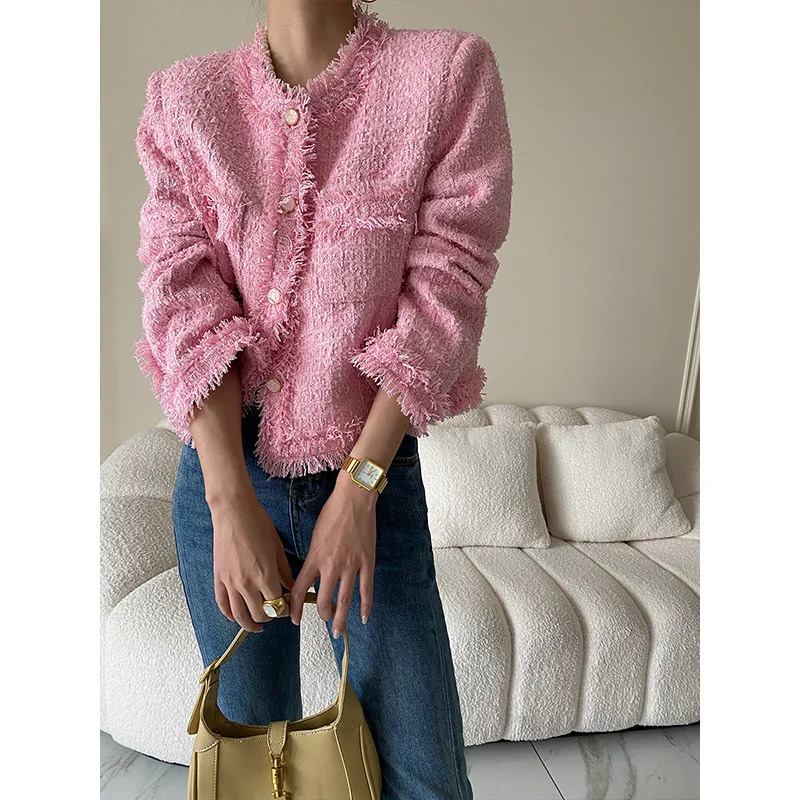 Pink Fringe Fur Shoulder Pad Tweed Jacket Blazer Boucle Crop Coat for Women Spring 240112