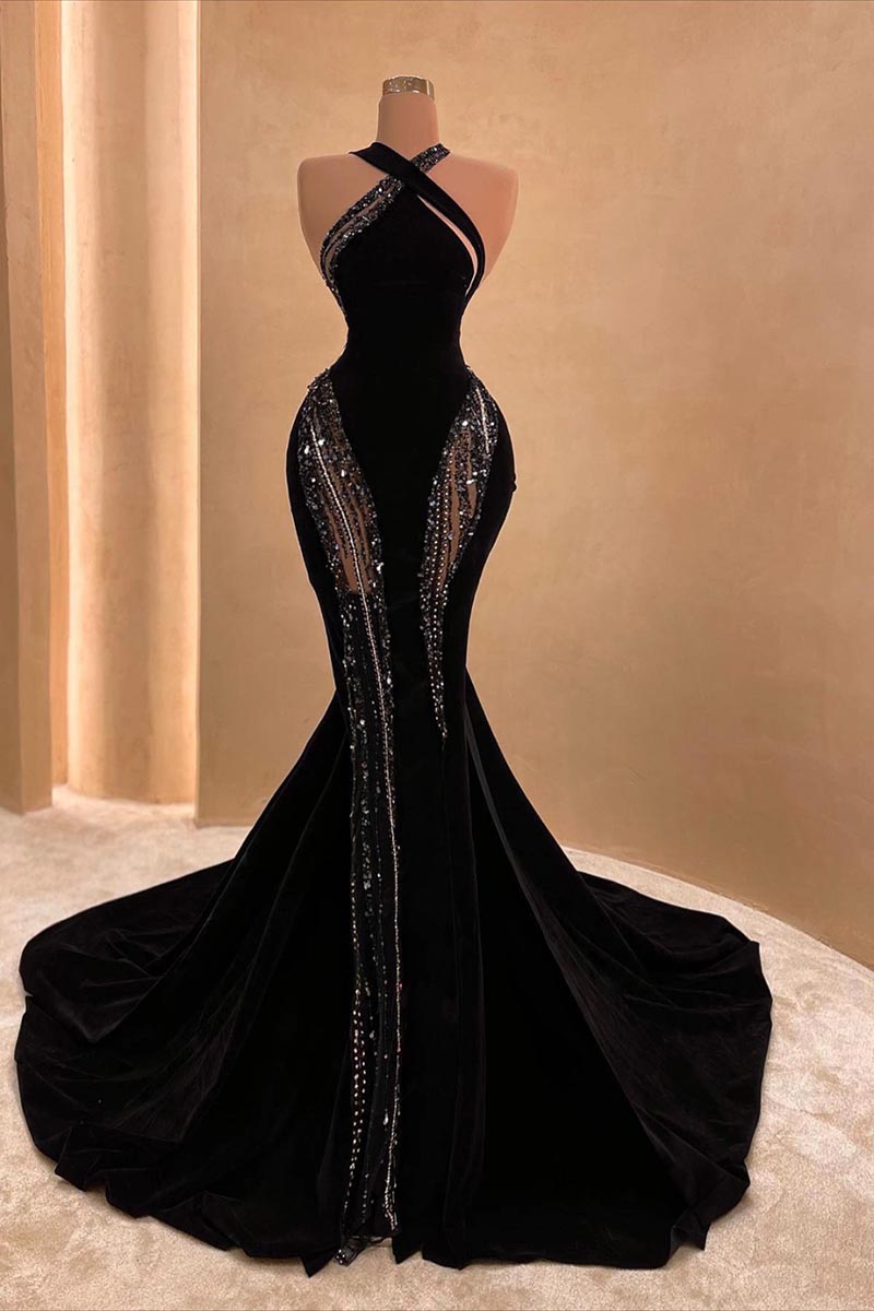 Simple Halter Mermaid Prom Dresses Sexy Sleeveless Sequined Lace Formal Ocn Dress Aso Ebi Evening Gowns 0220