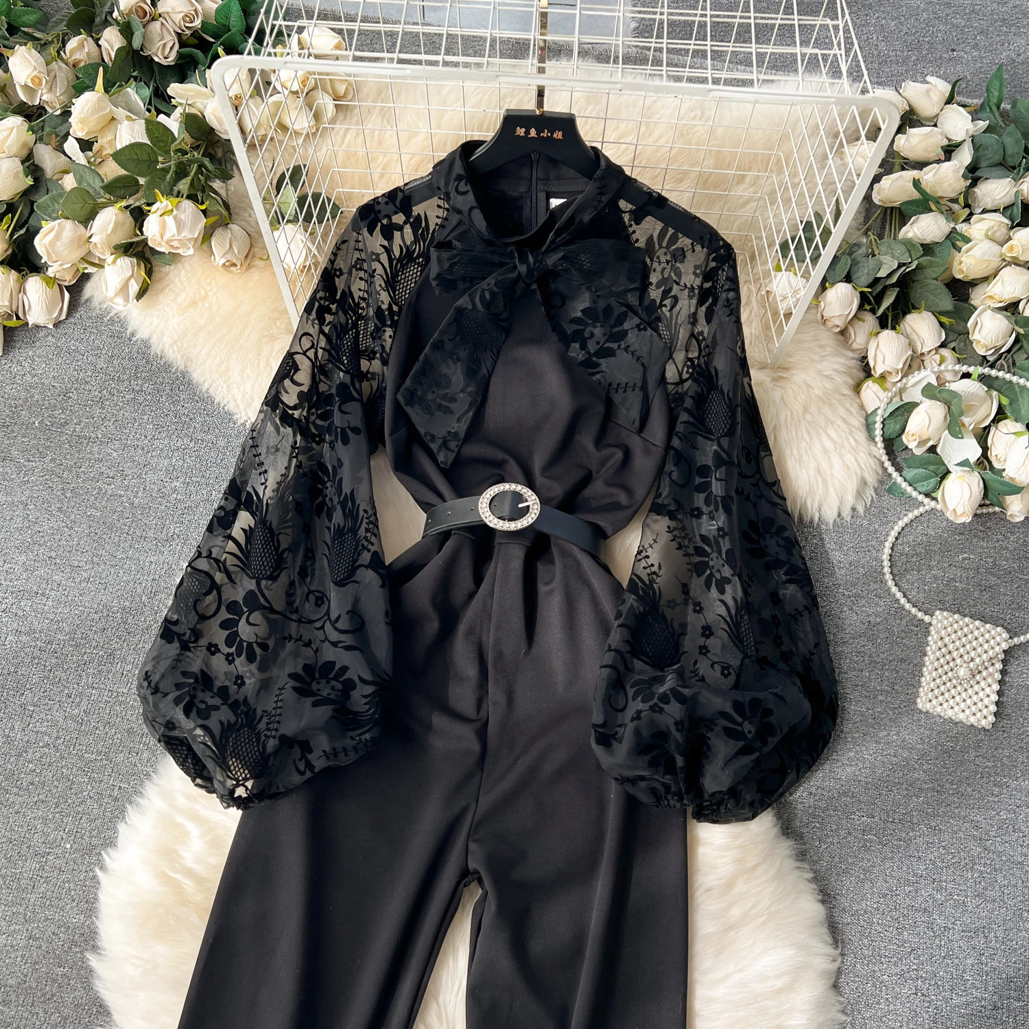 High Quality Black Lace Embroidery Bow Collar Slim Jumpsuit Women Autumn White Elegant Long Sleeve Wide Leg Bodysuit Pant French 240112