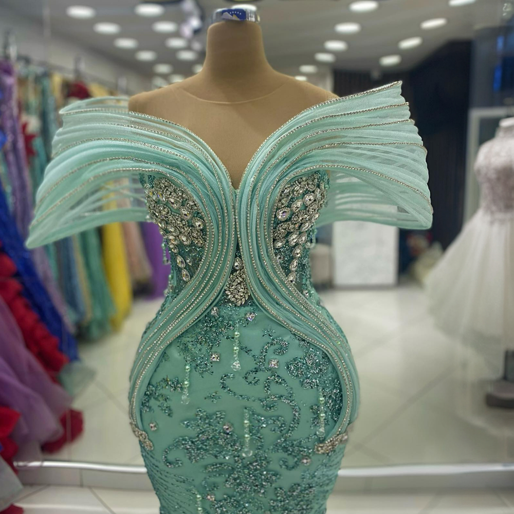 Mint Aso Ebi Prom Dresses For Black Women Lace Sheer Neck Mermaid Beaded Formal Evening Birthday Party Dress Second Reception Gowns Vestido De Sorrie 