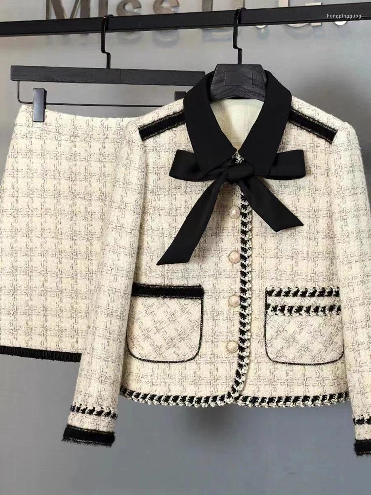 Work Dresses Autumn Winter Tweed Skirt 2Pcs Suit Color Block Bow Lapel Coat