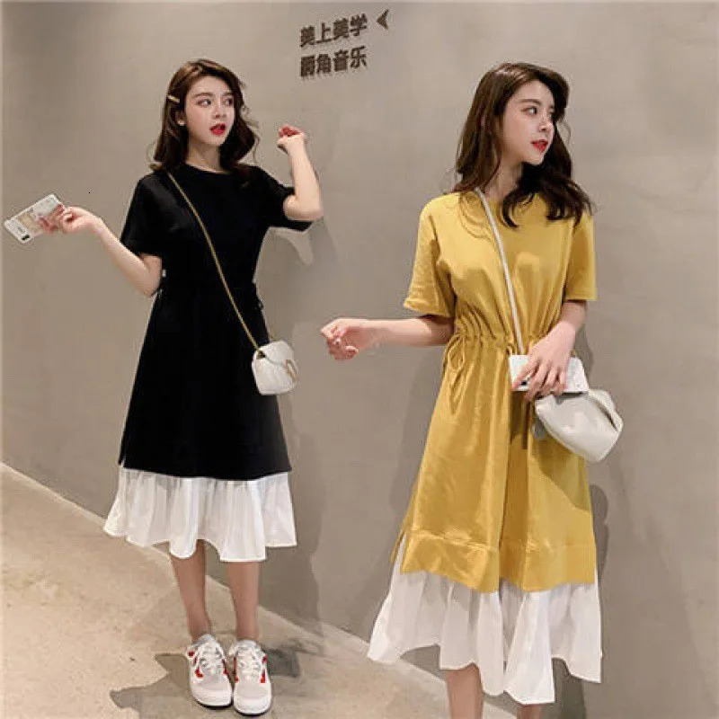 Maternity Dresses Summer Clothes for Pregnant Women Fashion Contrast Loose Fitting Midlength Womens Casual Pregnancy Clothing 240111