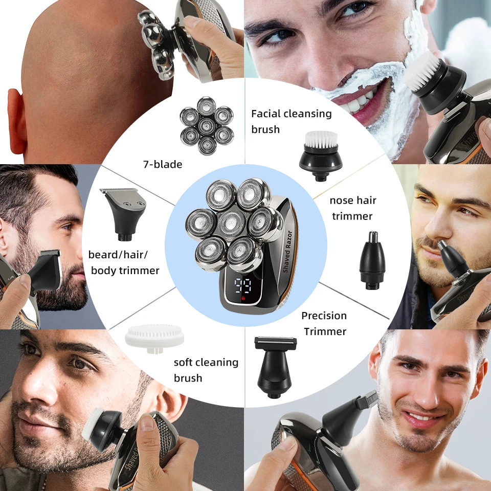 7D Electric Head Shaver for Bald Men High Quality Electric Men's Grooming Kit Cordless Waterproof LCD Head Shavers Rechargeable 240111