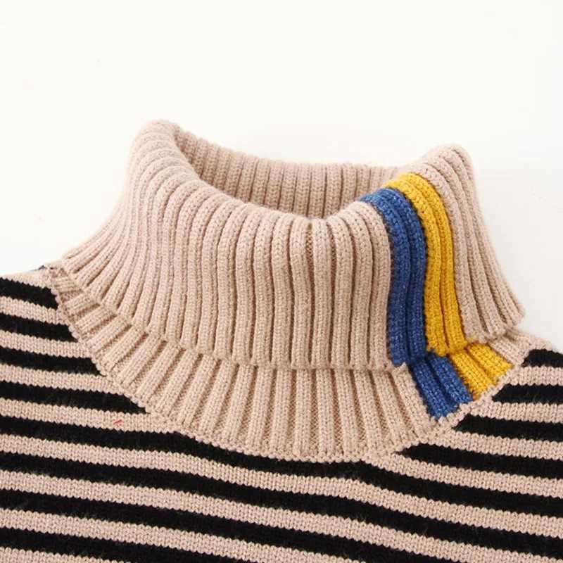Pullover 2023 Winter Warm 3 4 5 6 8 10 12 Years Teenage Thickening High Neck Knitted Turtleneck Color Striped Sweater For Baby Kids BoysL2401