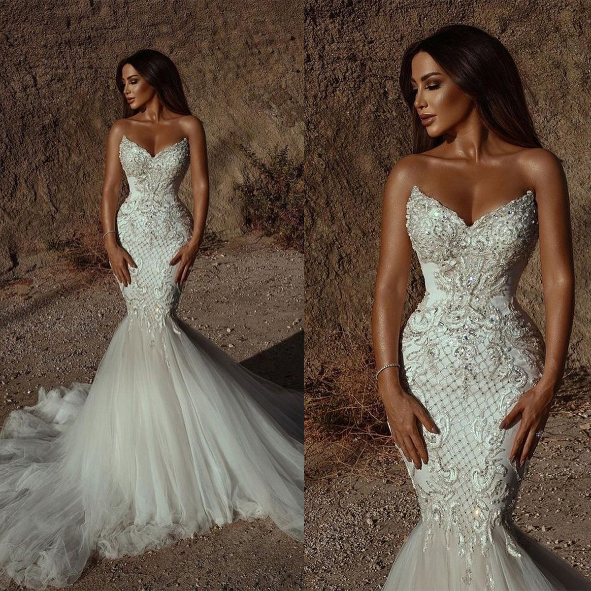 Wedding Strapless Mermaid Crystal Backless Bridal Gowns Beaded Sleeveless Ruffle Train Bride Dresses Custom Made