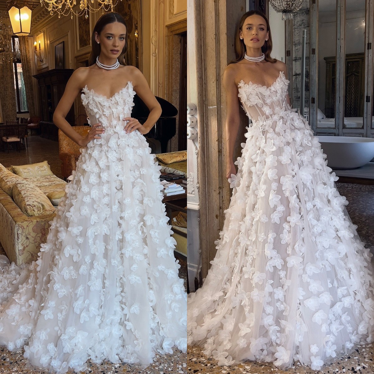 A Line Boho Dresses Bone Bodice Illusion V Neck Dress Sweep Train Full Floral Appliques Tulle Designer Wedding Bridal Gowns ppliques