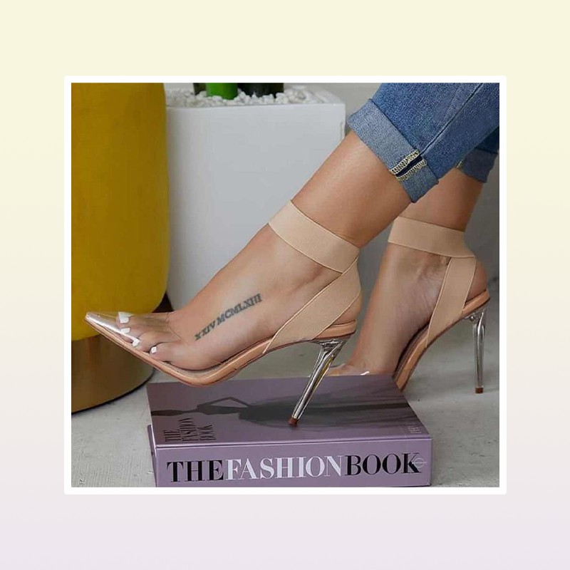 Plus size 35 to 40 41 42 elastic band cross strap nude transparent PVC clear high heels luxury women designer shoes Come
