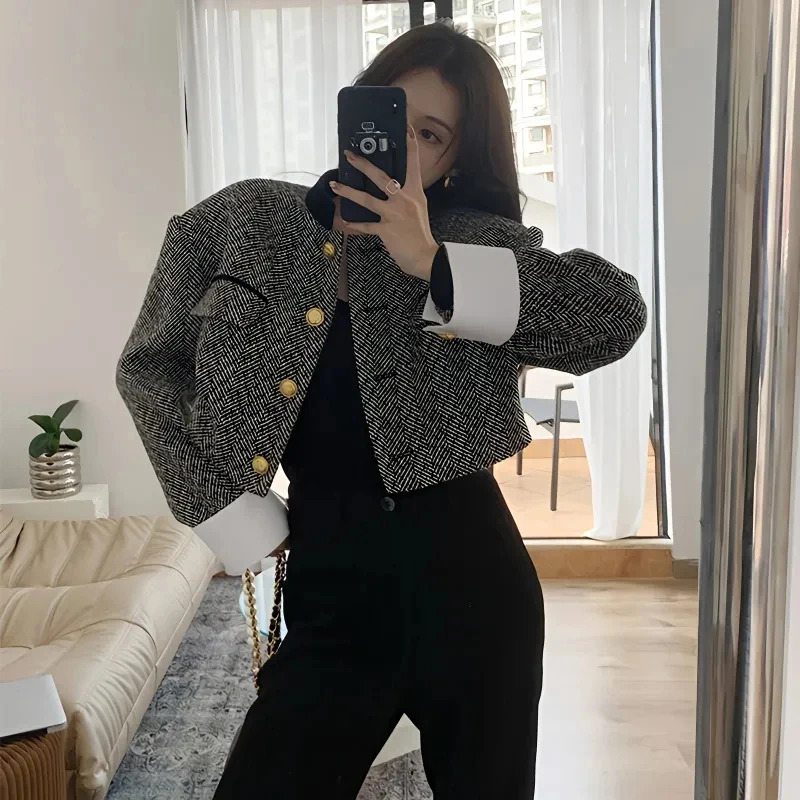Vintage Tweed Jacket Women Elegant Patchwork Cropped Blazer Korean Single Breasted Short Coat Office Lady All Match Outerwear 240112