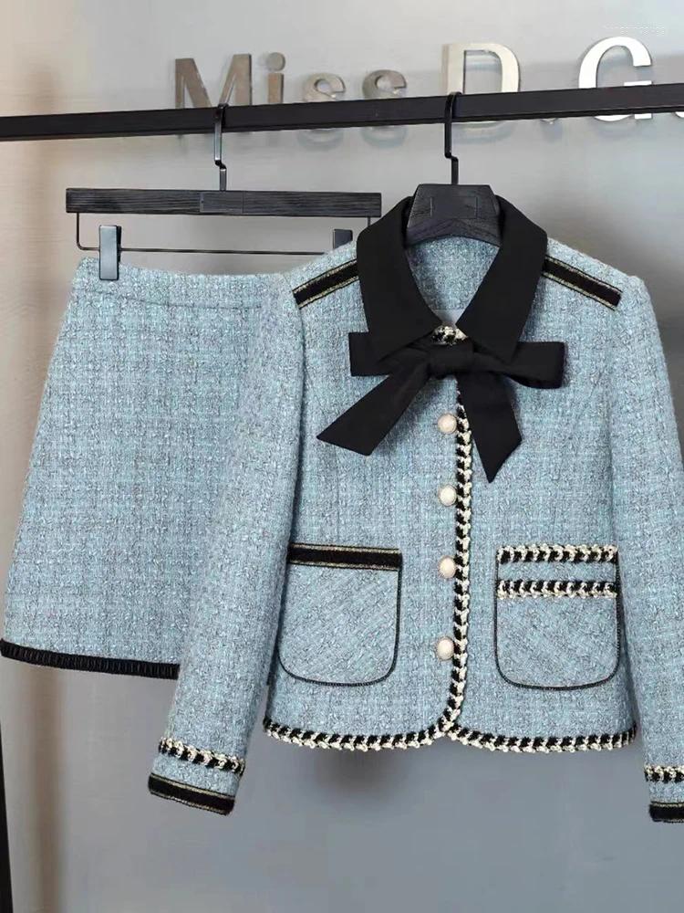 Work Dresses Autumn Winter Tweed Skirt 2Pcs Suit Color Block Bow Lapel Coat
